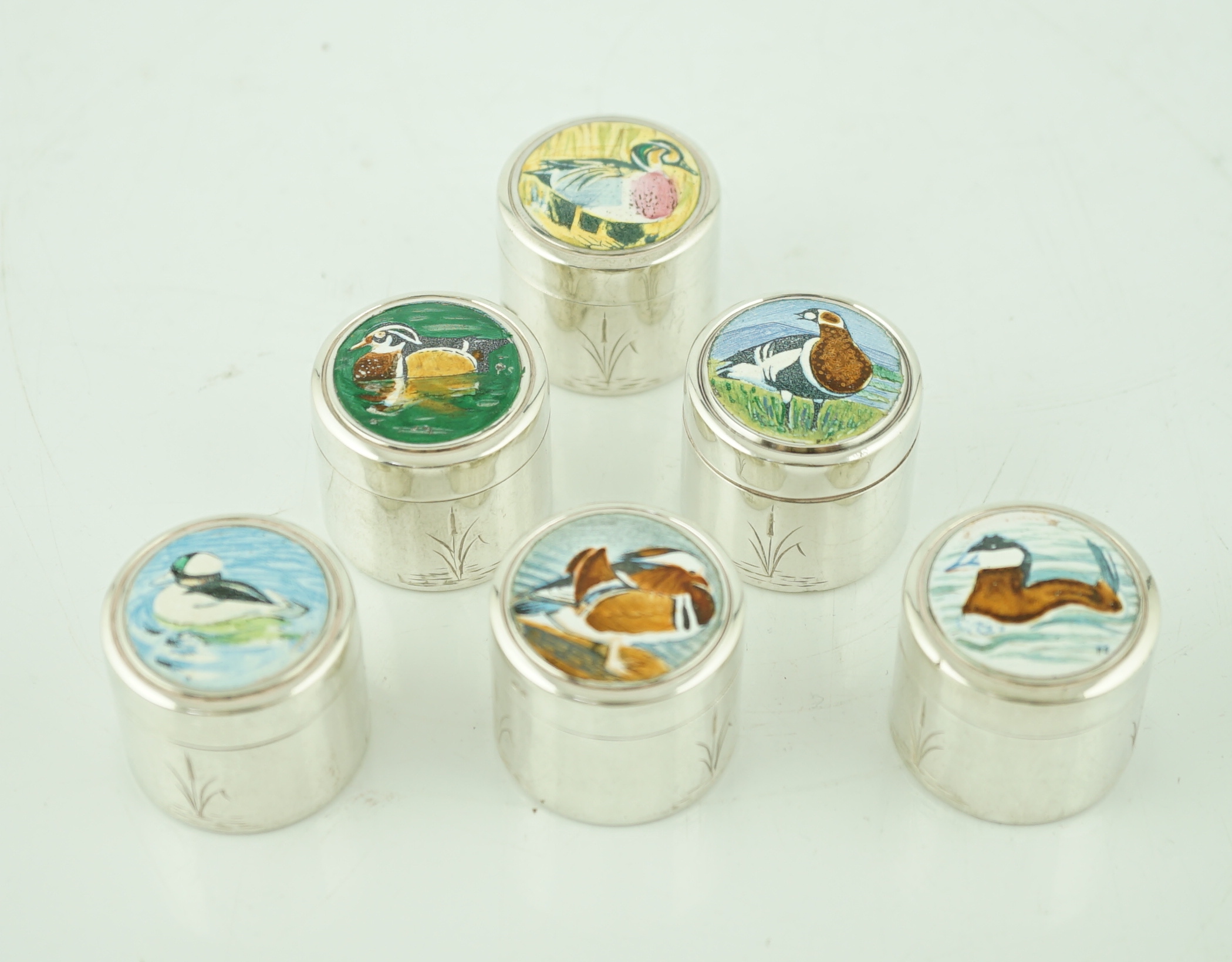 An Elizabeth II set of six limited edition Peter Scott Wildfowl Trust silver and enamel circular pill boxes and covers, by The St James House Company